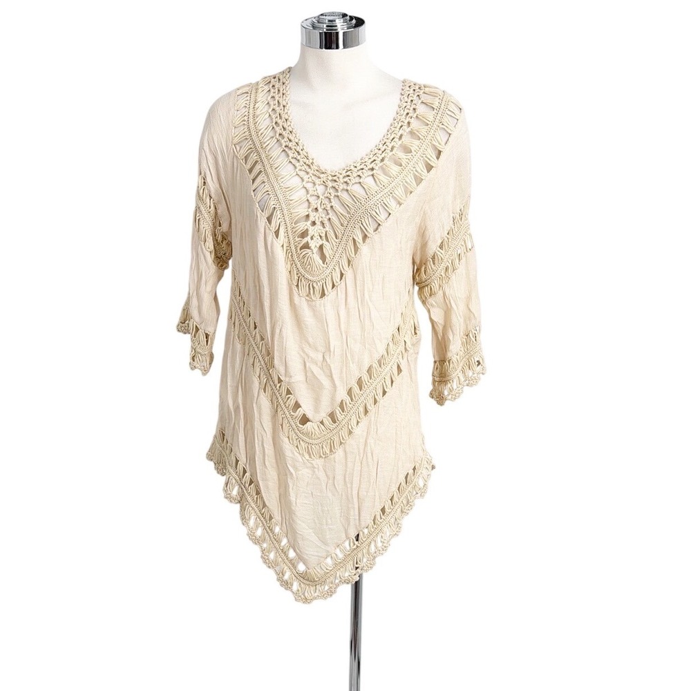 Ecote Boho Crochet Trim Tunic Top Cream Beige Beach Blouse Casual Size small